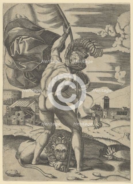 Naked man wearing an elaborate helmet viewed from behind holding a banner, a lion..., ca. 1500-1534. Creator: Marcantonio Raimondi.