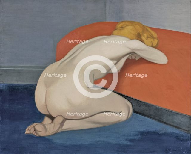 Naked woman kneeling in front of a red couch, 1915. Artist: Vallotton, Felix Edouard (1865-1925)