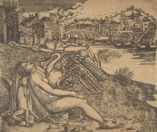 Naked woman (Leda) and swan (Zeus) embrace on a river bank; two figures jump..., early 16th century. Creator: Anon