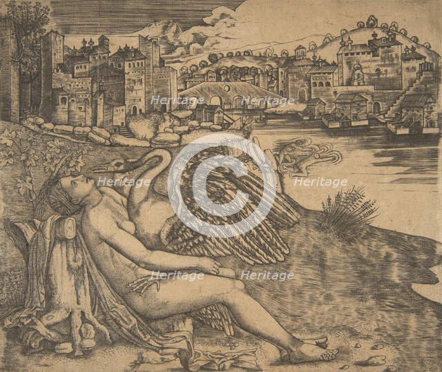 Naked woman (Leda) and swan (Zeus) embrace on a river bank; two figures jump..., early 16th century. Creator: Anon.