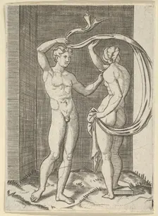 Naked woman viewed from behind holding fabric which billows behind her, looking a..., ca. 1500-1600. Creator: Anon