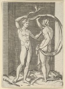 Naked woman viewed from behind holding fabric which billows behind her, looking a..., ca. 1500-1600. Creator: Anon