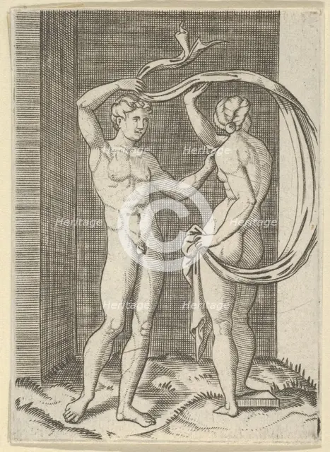Naked woman viewed from behind holding fabric which billows behind her, looking a..., ca. 1500-1600. Creator: Anon.