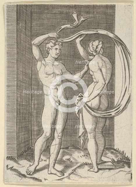 Naked woman viewed from behind holding fabric which billows behind her, looking a..., ca. 1500-1600. Creator: Anon.