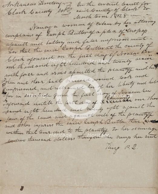 Nancy, a woman of color or negro vs Joseph Butler Clark County, Arkansas Territory, c1828-01. Creator: Unknown.