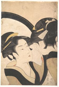 Naniwa Okita admires herself in the mirror, c.1790-1794. Creator: Utamaro, Kitagawa (1753-1806)