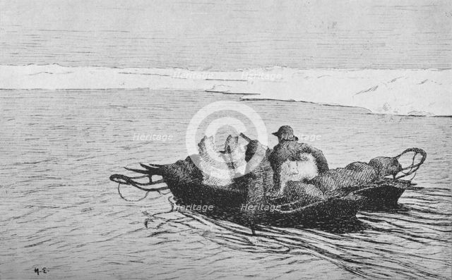 'Nansen and Johansen Crossing A Crack In The Ice', 1896, (1928). Artist: Unknown.