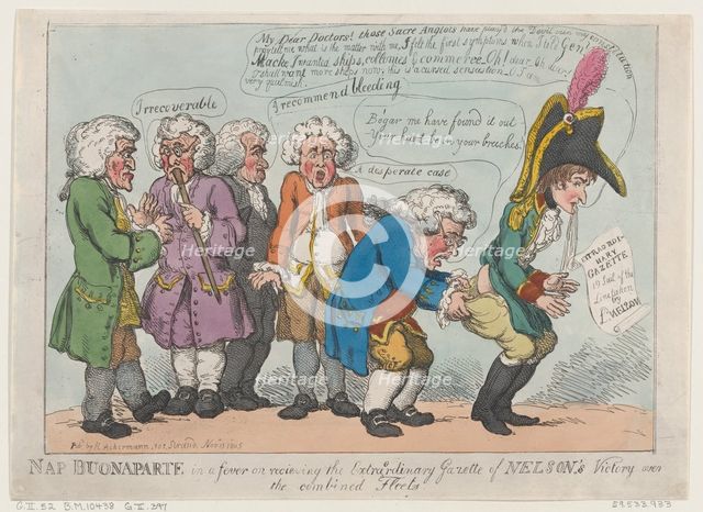 Nap Buonaparte in a Fever on Receiving the Extraordinary Gazette of Nelson's ..., November 13, 1805. Creator: Thomas Rowlandson.