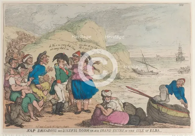 Nap Dreading His Doleful Doom or His Grand Entry in the Isle of Elba, April 20, ..., April 20, 1814. Creator: Thomas Rowlandson.