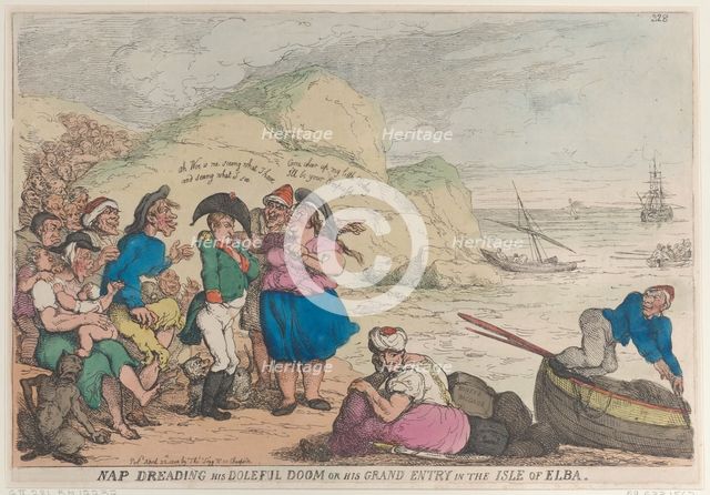 Nap Dreading His Doleful Doom or His Grand Entry in the Isle of Elba, April 20, ..., April 20, 1814. Creator: Thomas Rowlandson.