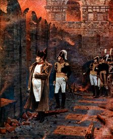 Napoleon and his staff watching the burning of Moscow, 1812, (late 19th century.)