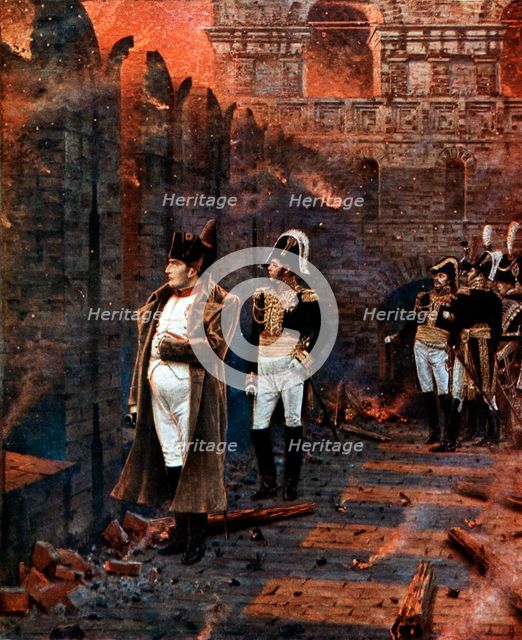 Napoleon and his staff watching the burning of Moscow, 1812, (late 19th century.) Artist: Unknown