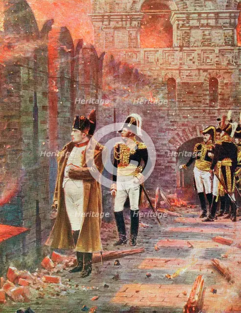Napoleon and his staff watching the burning of Moscow, 1812 (late 19th century). Artist: Unknown