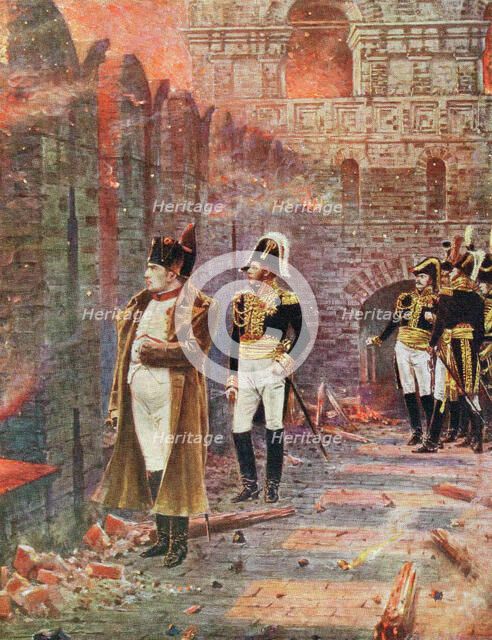 Napoleon and his staff watching the burning of Moscow, 1812 (late 19th century). Artist: Unknown