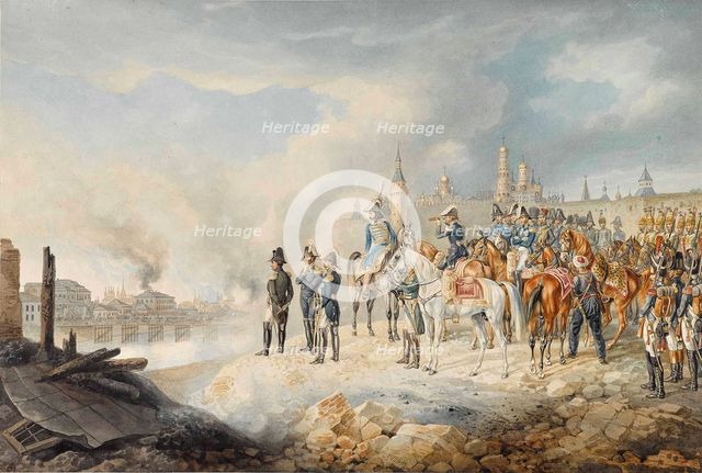 Napoleon and his staff on a hill before the burning Moscow, 1812-1814.