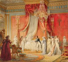 Napoléon I Presenting the Newborn King of Rome to Empress Marie Louise in Her Bedroom in the...,1811 Creator: Isabey, Jean-Baptiste (1767-1855)