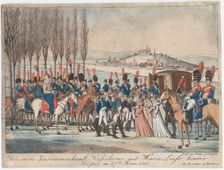 Napoleon introducing Empress Marie-Luise to his family outside pavilion near Soissons. Artist: Campe, August Friedrich Andreas (1777-1846)