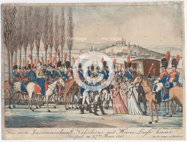 Napoleon introducing Empress Marie-Luise to his family outside pavilion near Soissons. Artist: Campe, August Friedrich Andreas (1777-1846)
