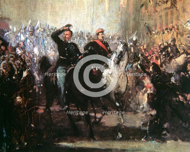 Napoleon III and Victor Emmanuel II triumphantly entering into Milan on June 8, 1859.