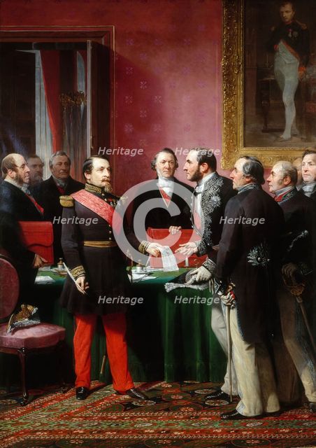 Napoléon III remettant au baron Haussmann le décret d'annexion des communes...(16 février 1859),1865 Creator: Adolphe Yvon.
