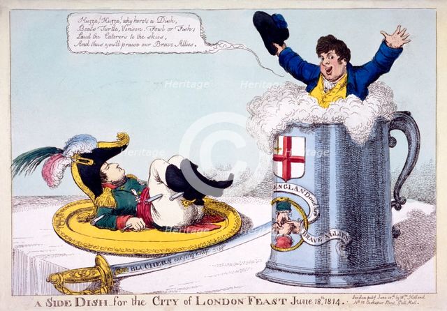 Napoleon on a plate ready to be carved, 1814. Artist: Anon