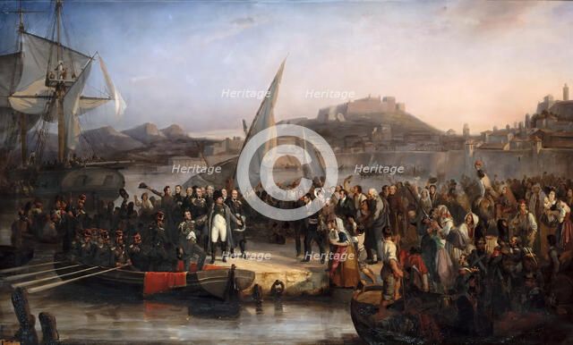 Napoleon leaving the island of Elba on February 26, 1815. Artist: Beaume, Joseph (1796-1885)