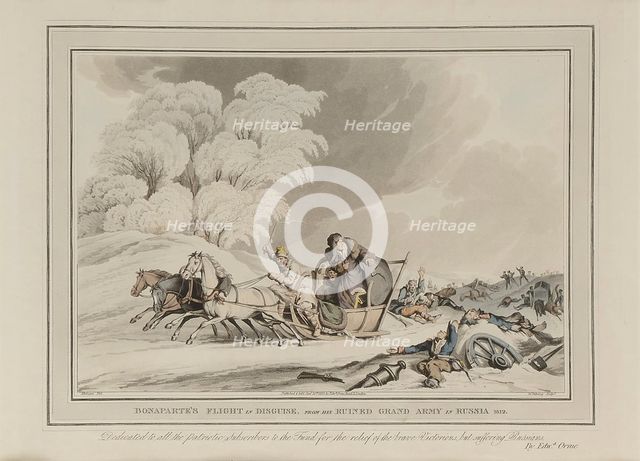 Napoleon retreats from Moscow. Cossacks attacking French soldiers.