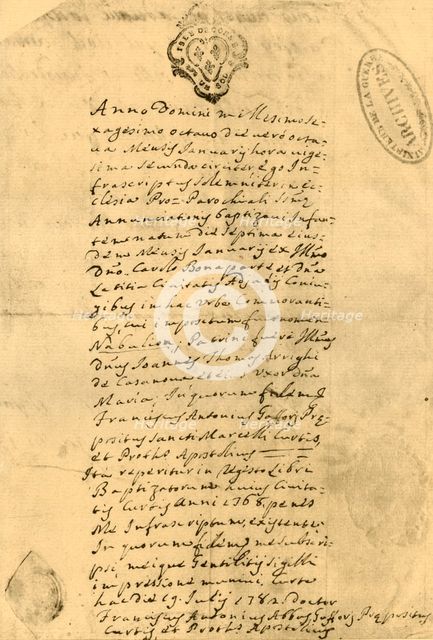 Napoleon's birth certificate, 21 July 1771, (1921). Creator: Unknown.