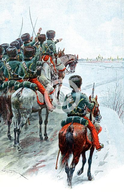 Napoleon's Grande Armee catching sight of Moscow, 1812 (late 19th century). Artist: Unknown