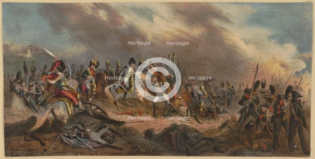 Napoleon with his Riding a horse across a battlefield, 1829. Creator: Unknown.