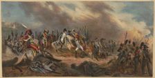Napoleon with his Riding a horse across a battlefield, 1829. Creator: Unknown