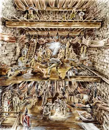 Napoleonic prisoners crowded into the keep of Portchester Castle, Hampshire, 19th Century (c2000s). Artist: Historic England Staff graphic artist