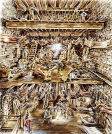Napoleonic prisoners crowded into the keep of Portchester Castle, Hampshire, 19th Century (c2000s). Artist: Historic England Staff graphic artist