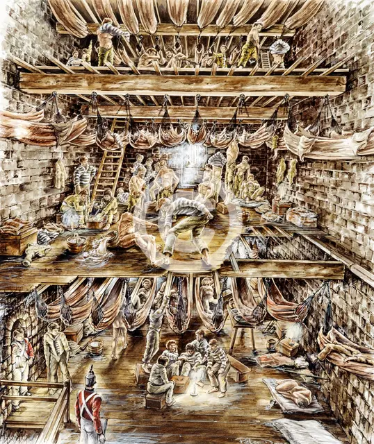 Napoleonic prisoners crowded into the keep of Portchester Castle, Hampshire, 19th Century (c2000s). Artist: Historic England Staff graphic artist.
