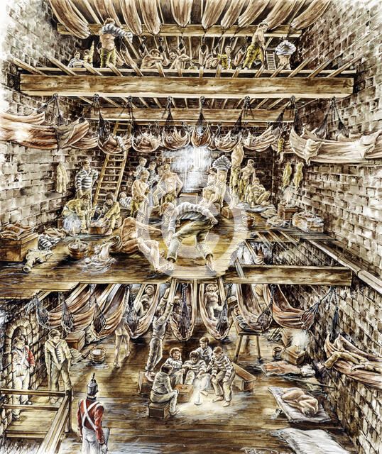 Napoleonic prisoners crowded into the keep of Portchester Castle, Hampshire, 19th Century (c2000s). Artist: Historic England Staff graphic artist.