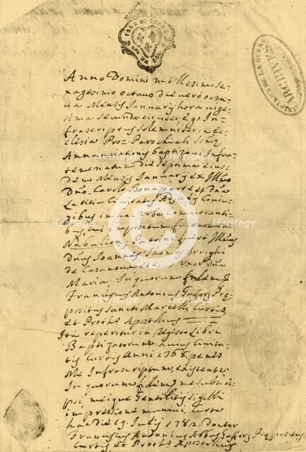 Napoleon's birth certificate, 21 July 1771, (1921). Creator: Unknown.