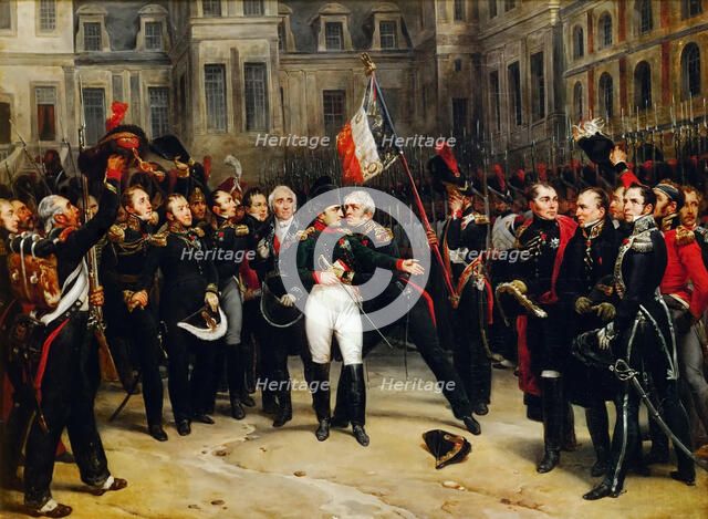 Napoleon's farewell to the Imperial Guard in the courtyard of the Palace of Fontainebleau on 20 Apri Artist: Montfort, Antoine Alphonse (1802-1884)