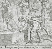 Narcissus at the Well, published 1606. Creators: Antonio Tempesta, Wilhelm Janson