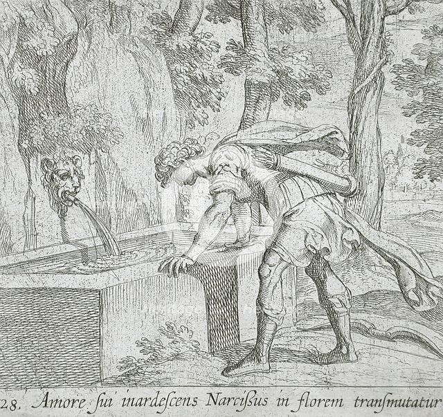 Narcissus at the Well, published 1606. Creators: Antonio Tempesta, Wilhelm Janson.