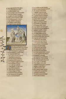 Narcissus Gazing at his Reflection; Roman de la Rose, about 1405. Creator: Unknown