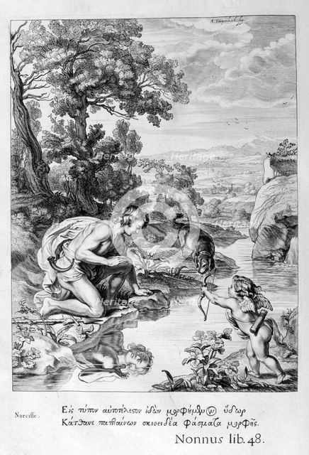 Narcissus in love with his own reflection, 1655. Creator: Unknown.