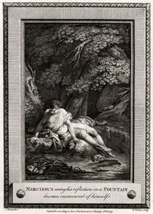 Narcissus seeing his reflection in a Fountain becomes enamourd of himself 1775. Artist: W Walker