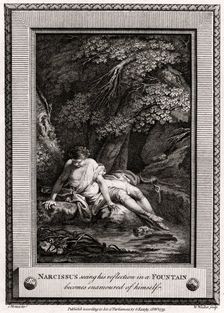 Narcissus seeing his reflection in a Fountain becomes enamourd of himself 1775. Artist: W Walker