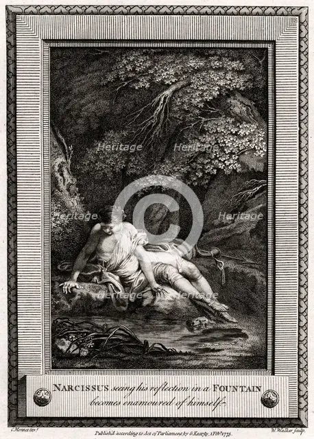 'Narcissus seeing his reflection in a Fountain becomes enamourd of himself', 1775. Artist: W Walker
