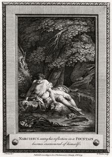 Narcissus seeing his reflection in a Fountain becomes enamourd of himself 1775. Artist: W Walker