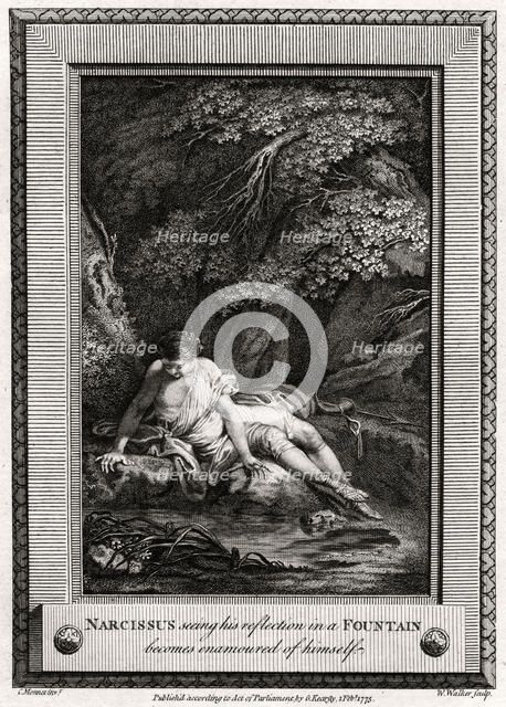 'Narcissus seeing his reflection in a Fountain becomes enamourd of himself', 1775. Artist: W Walker