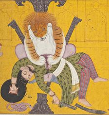 Narasimha Disemboweling Hiranyakashipu, Folio from a Bhagavata Purana, between c1760 and c1770. Creator: Unknown
