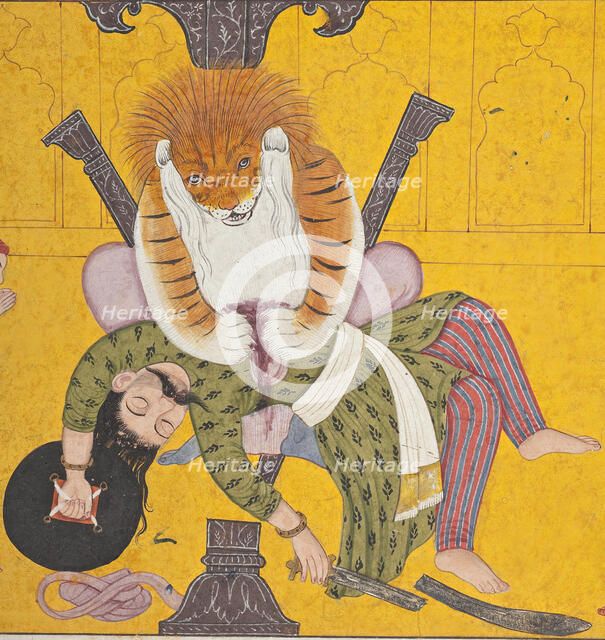 Narasimha Disemboweling Hiranyakashipu, Folio from a Bhagavata Purana, between c1760 and c1770. Creator: Unknown.