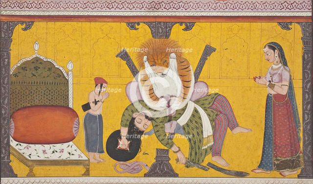 Narasimha Disemboweling Hiranyakashipu, Folio from a Bhagavata Purana, between c1760 and c1770. Creator: Unknown.