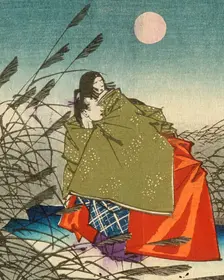 Narihira and Nijo no Tsubone at the Fuji River, 1882. Creator: Tsukioka Yoshitoshi
